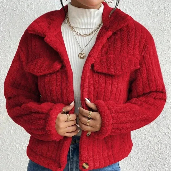 Jackets & Blazers - Red Casual Women's Plush Flap Jacket